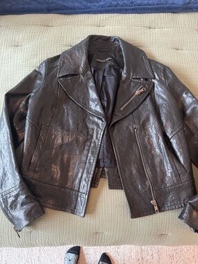 Andrew Marc Black Shiny Leather Moto Jacket